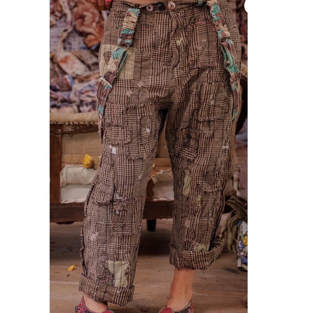 Magnolia Pearl Yarn Dyed Cotton Patchwork Check Miner Pants Adjustable Waist NEW - Picture 4 of 14
